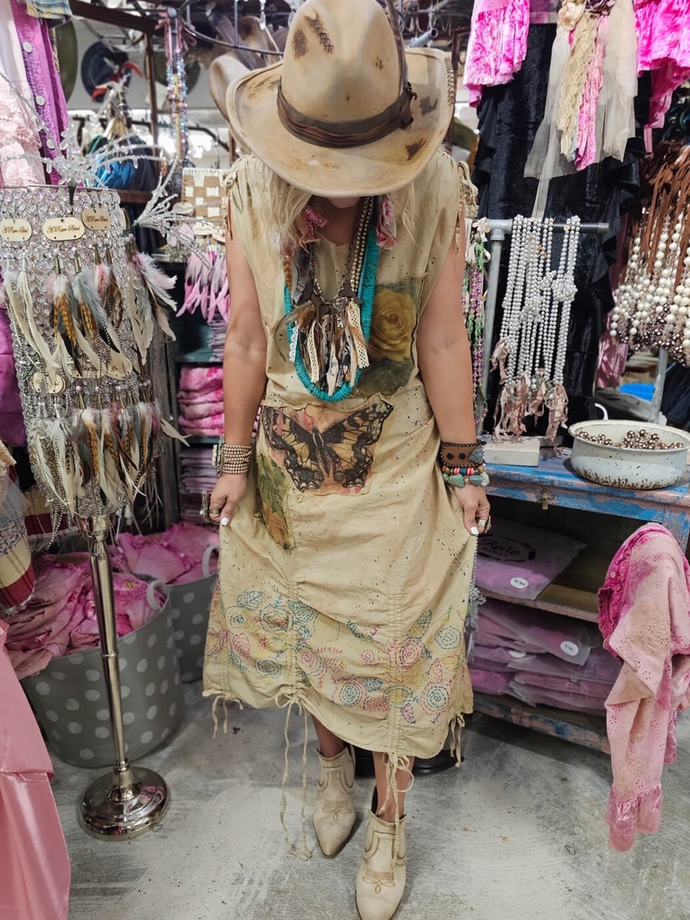 Boho MoonGlow Butterfly Midi Dress in Cream